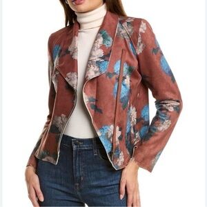 Elie Tahari Faux Leather Brown Floral Print Moto Jacket size Large Badass Rebel